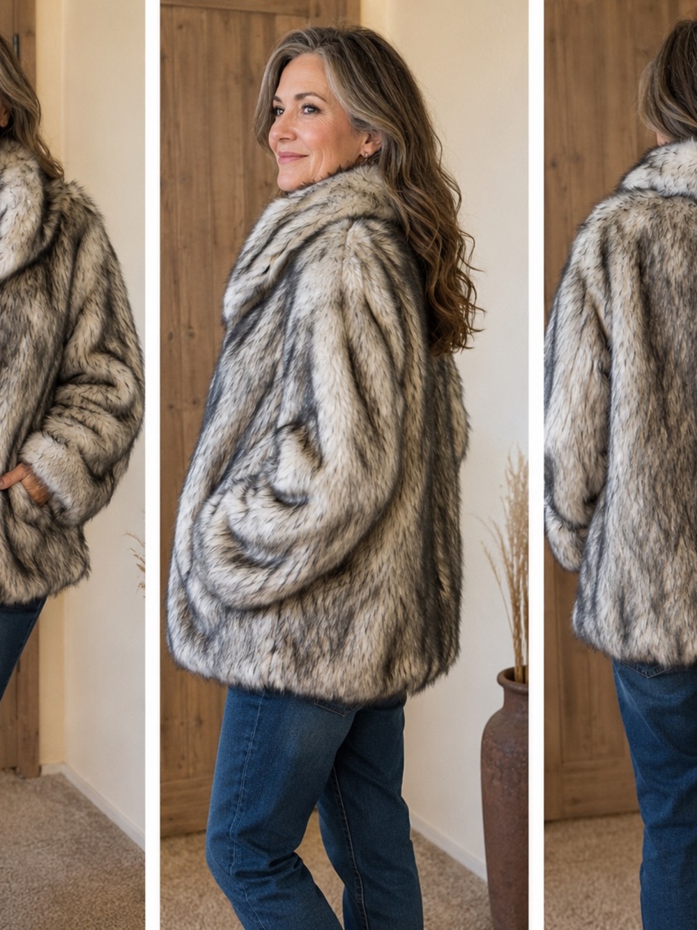 Donna Salyers Fabulous Furs Yukon Faux Fur Coat XL Silver Fox  Zip Jacket
